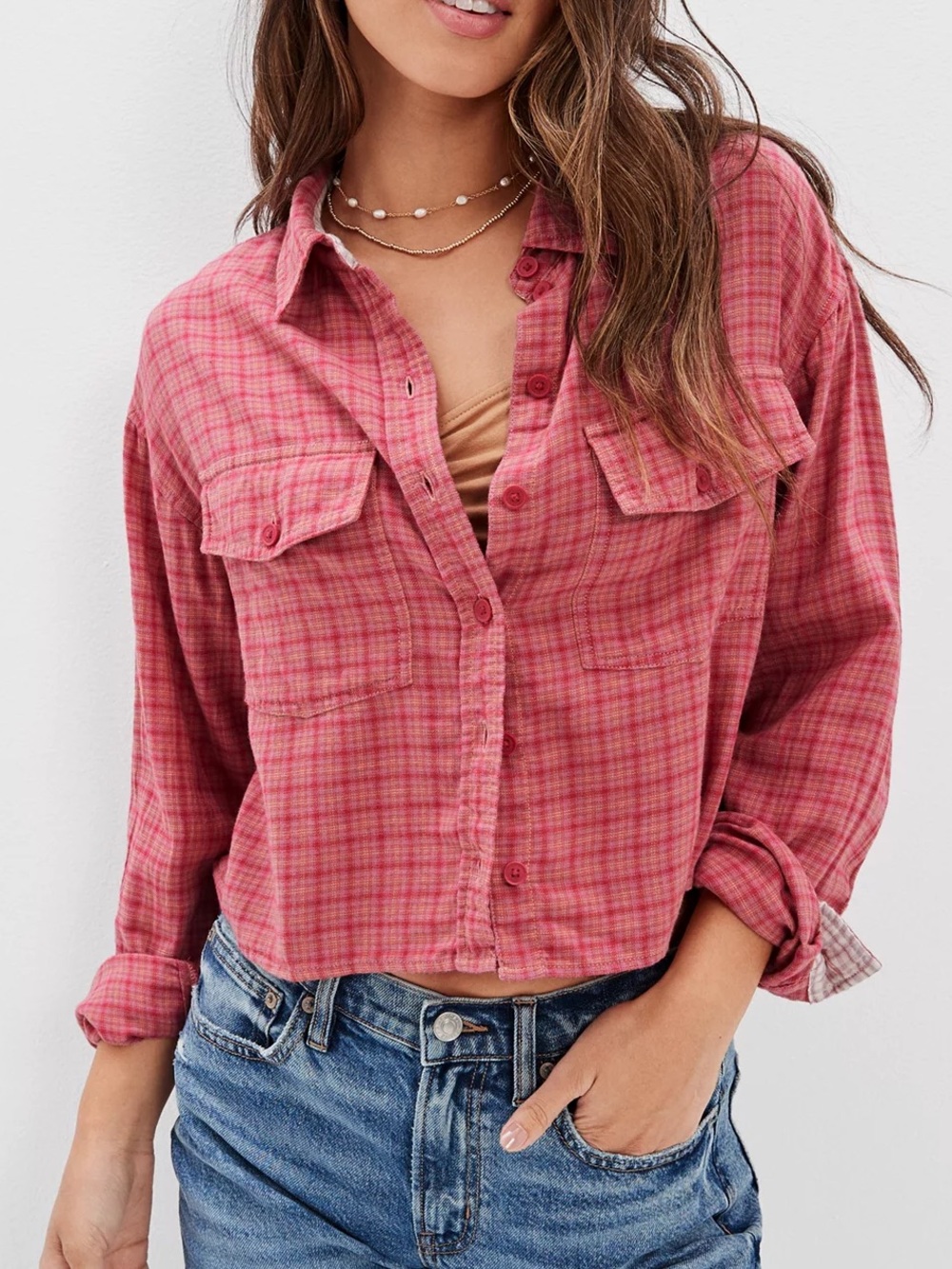 American Eagle Rosie Pink Cropped Plaid Flannel Top